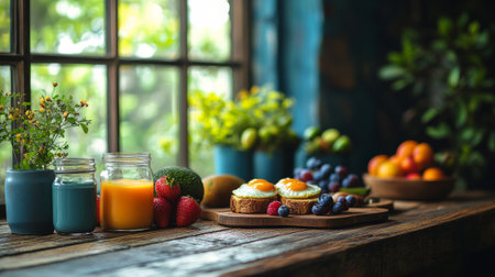 A vibrant breakfast bowl features toasted bread topped with sliced avocado and two sunny-side-up eggs. Surrounding the dish are fresh strawberries, blueberries, and decorative herbs.の素材