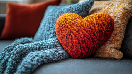 A heart-shaped pillow rests on a soft couch surrounded by plush cushions and a warm throw blanket, creating a cozy atmosphere in the afternoon sunlight.の素材