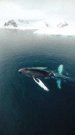 A humpback whale glides effortlessly through the calm turquoise waters of the ocean. Sunlight reflects off its fin and body, showing its majestic size and beauty during midday.の素材