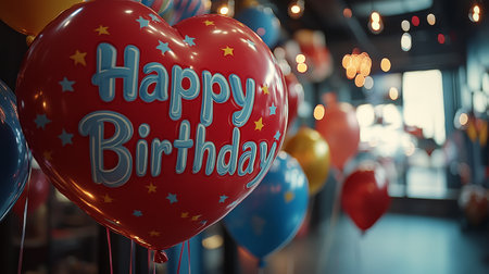 A vibrant arrangement of balloons in bright colors showcases a happy birthday message. The setting exudes festive cheer, perfect for a birthday party atmosphere.の素材