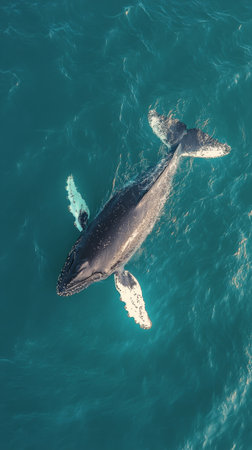 A humpback whale glides effortlessly through the calm turquoise waters of the ocean. Sunlight reflects off its fin and body, showing its majestic size and beauty during midday.の素材