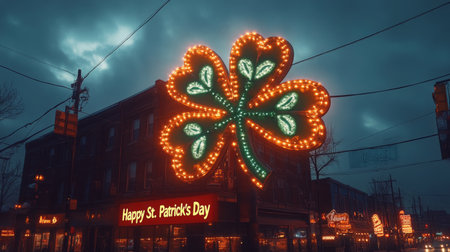 Colorful decorations wishing happy St Patricks Day adorn a heart-shaped sign in a snowy street. Holiday lights twinkle against a winter backdrop, creating a warm atmosphere.の素材