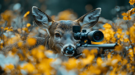A deer is cautiously looking forward with a hunting rifle positioned nearby among vibrant yellow flowers in a natural setting. The scene captures a sense of alertness and beauty.の素材