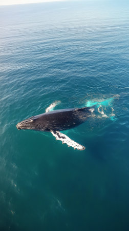 A humpback whale glides effortlessly through the calm turquoise waters of the ocean. Sunlight reflects off its fin and body, showing its majestic size and beauty during midday.の素材