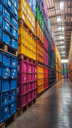 Rows of brightly colored crates fill a spacious warehouse. The stacks of yellow, green, blue, and red containers create an organized atmosphere. Soft lighting enhances the vibrant colors.の素材