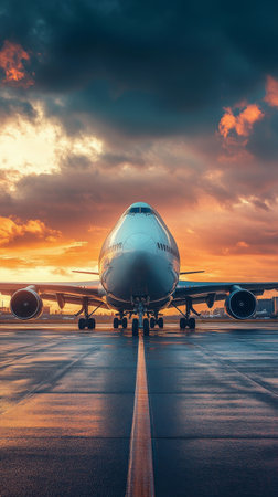 A commercial airplane is parked on a wet runway under dramatic dark clouds. The lights from the airport illuminate the aircraft, creating a reflective surface on the tarmac.の素材