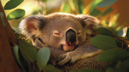 A koala is nestled comfortably in a tree, surrounded by vibrant green eucalyptus leaves, enjoying a tranquil moment in its natural habitat during daylight.の素材