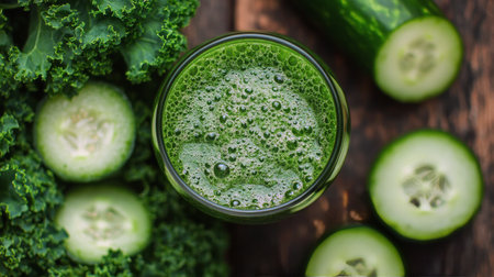Fresh greens and fruits are arranged beautifully on a rustic wooden surface. Two jars of vibrant green smoothie sit amidst sliced cucumber, kale, and green apples, showing healthy ingredients.の素材
