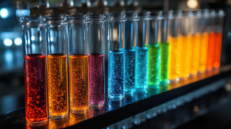 A young scientist examines brightly colored liquid samples in transparent containers while wearing gloves. The laboratory is well-lit and organized, showcasing various jars in the background.の素材