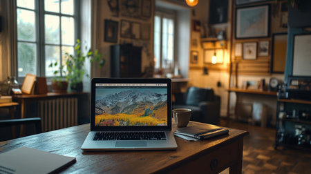 A serene workspace featuring a laptop, notebooks, and various plants on a wooden desk. Sunlight streams through the large window, creating a warm and inviting atmosphere.の素材