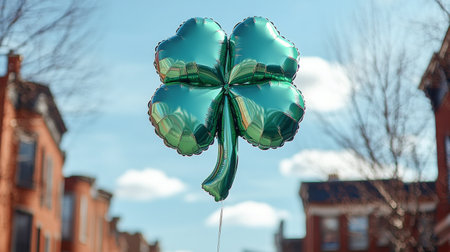 A lively street is adorned with shamrock decorations as a festive parade takes place. Crowds enjoy the celebration in a colorful urban environment, filled with excitement.の素材