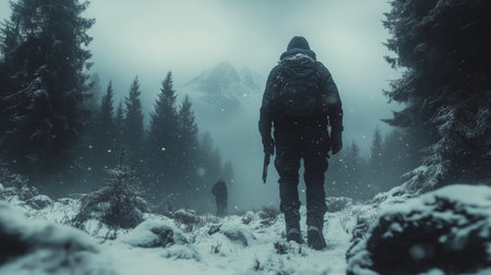 A soldier dressed in camouflage stands in a snowy forest, surrounded by tall trees and winter scenery. The mist envelops the area, creating a serene yet somber mood.の素材