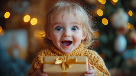A cheerful young girl smiles widely while lying on a soft rug. She holds a small orange gift, expressing excitement and joy in a warm, cozy indoor atmosphere.の素材
