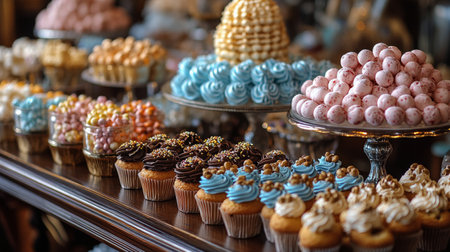 A beautifully decorated tiered cake topped with flowers is surrounded by an array of cupcakes. This setup is perfect for celebratory events, showcasing delightful desserts.の素材