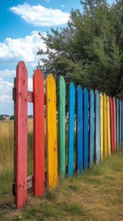 A vibrant wooden fence featuring a spectrum of colors stands along a wet pathway. Raindrops glisten on the surface as a large tree provides shade nearby in a tranquil neighborhood.の素材