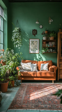 Sunlight filters through large windows, illuminating a warm orange couch surrounded by vibrant plants in a stylish green room with wooden accents.の素材