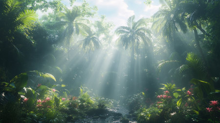 Green foliage fills the scene as rays of sunlight break through tall trees in a vibrant rainforest. The atmosphere is serene, with flowers adding color to the rich landscape.の素材