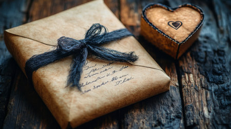 A heart-shaped box rests on aged paper filled with handwriting, accompanied by a decorative feather quill. The setting suggests a nostalgic romantic theme, perfect for love letters.の素材