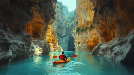 A lone kayaker paddles through calm waters in a breathtaking canyon, surrounded by steep cliffs and verdant foliage, under a clear blue sky. The peaceful atmosphere invites adventure.の素材