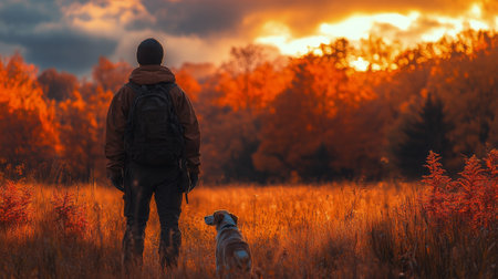 A person stands beside a black dog, both gazing at a stunning autumn landscape filled with colorful trees. The warm light of late afternoon enhances the vibrant hues of orange, yellow, and red.の素材