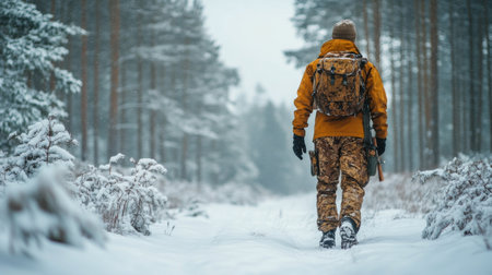 A soldier dressed in camouflage stands in a snowy forest, surrounded by tall trees and winter scenery. The mist envelops the area, creating a serene yet somber mood.の素材
