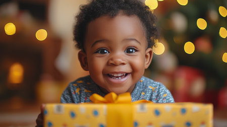 A cheerful young girl smiles widely while lying on a soft rug. She holds a small orange gift, expressing excitement and joy in a warm, cozy indoor atmosphere.の素材