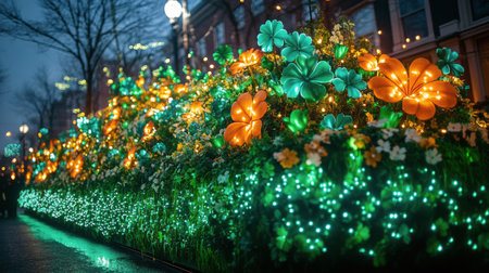 A colorful parade float celebrates St. Patricks Day with vibrant green lights and shamrock decorations, gliding through a bustling city street under the night sky.の素材