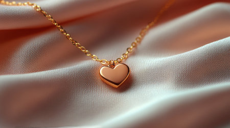 A delicate heart-shaped gold necklace lies gracefully on a textured fabric, highlighting its shine and intricate design. The soft backdrop enhances the necklaces beauty.の素材