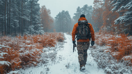 A soldier dressed in camouflage stands in a snowy forest, surrounded by tall trees and winter scenery. The mist envelops the area, creating a serene yet somber mood.の素材