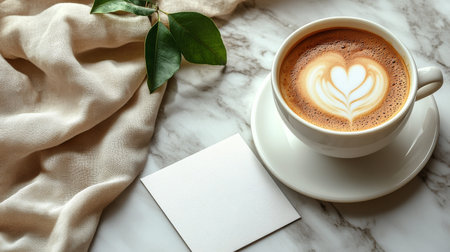 A cup of coffee featuring intricate latte art sits next to a blank card on a stylish marble table. A small potted fern adds a touch of greenery to the serene atmosphere.の素材