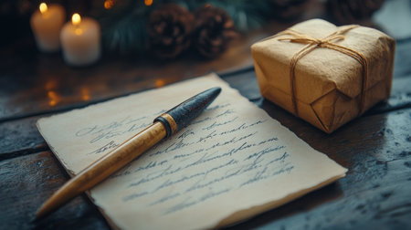 A heart-shaped box rests on aged paper filled with handwriting, accompanied by a decorative feather quill. The setting suggests a nostalgic romantic theme, perfect for love letters.の素材