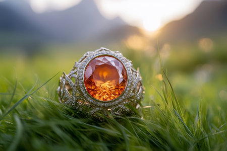 A stunning orange gemstone ring is elegantly positioned on vibrant green grass, illuminated by the warm glow of the setting sun. Nature enhances its beauty.の素材