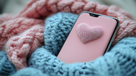 A smartphone with a soft blue case adorned with red hearts rests on a cozy knitted blanket. The blanket features various heart shapes, creating a warm and inviting atmosphere.の素材