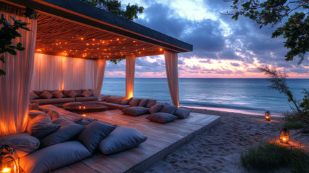 A serene beach lounge features comfortable cushions and soft lighting, creating a warm atmosphere. The sun sets over the tranquil ocean, illuminating the scene with vibrant colors.の素材