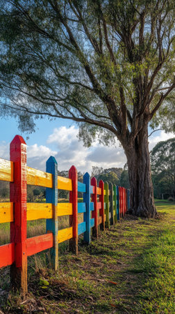 A vibrant wooden fence featuring a spectrum of colors stands along a wet pathway. Raindrops glisten on the surface as a large tree provides shade nearby in a tranquil neighborhood.の素材