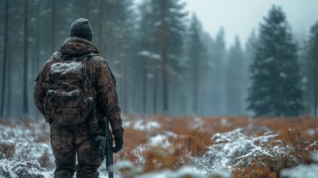 A soldier dressed in camouflage stands in a snowy forest, surrounded by tall trees and winter scenery. The mist envelops the area, creating a serene yet somber mood.の素材