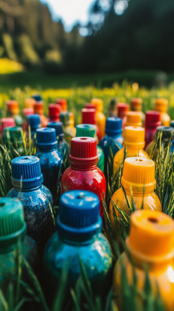 Brightly colored glass bottles are arranged in a row among lush green foliage, illuminated by warm sunlight. The scene captures a peaceful, artistic moment in a garden setting.の素材