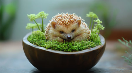 A small hedgehog curls up tightly on a soft mossy patch, surrounded by lush green plants. The tranquil atmosphere highlights the creatures peaceful rest in nature.の素材