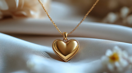 A delicate heart-shaped gold necklace lies gracefully on a textured fabric, highlighting its shine and intricate design. The soft backdrop enhances the necklaces beauty.の素材