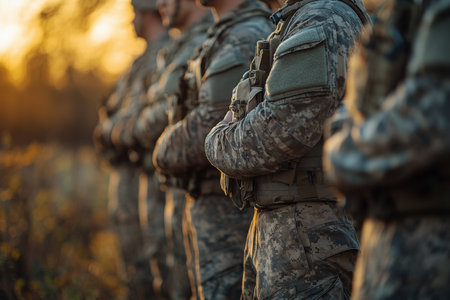 Group of soldiers in camouflage uniforms stand in a line, arms crossed, during a military training exercise at sunset. The golden light enhances the atmosphere of discipline and teamwork.の素材