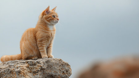 An orange cat with striking fur sits on a large, textured rock, gazing thoughtfully toward the horizon. The background features a calm coastal atmosphere with soft colors, creating a serene moment.の素材