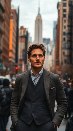 A well-dressed man poses confidently on a bustling city street. Skyscrapers tower behind him, with the iconic Empire State Building visible in the distance.の素材