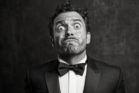 A young man in a black tuxedo makes a humorous expression, sitting indoors. His exaggerated features and playful demeanor contrast with the elegant setting.の素材