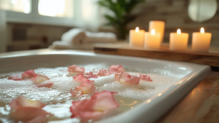 Soft candlelight illuminates a tranquil bathroom with a bubble bath filled with rose petals. A calming atmosphere perfect for relaxation and self-care.の素材