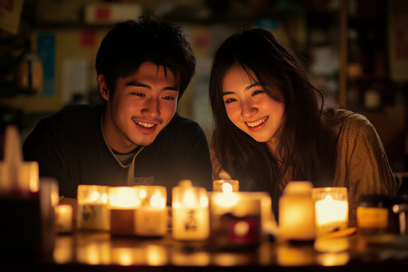 A young couple shares smiles and conversation at a cozy outdoor cafe, surrounded by warm string lights. The evening setting creates a romantic atmosphere for their date.の素材
