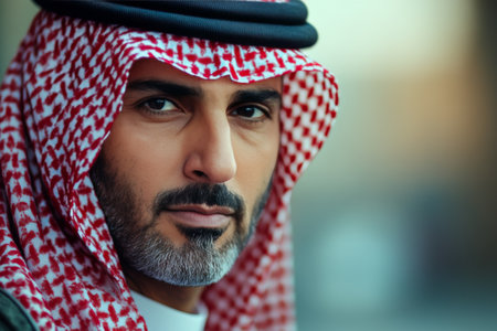 A man wearing a traditional red and white headdress is smiling warmly. The background features a blurred urban environment, suggesting a lively atmosphere.の素材