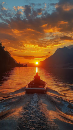 A person paddles a kayak on calm waters during sunset, surrounded by silhouettes of trees. The sky is ablaze with orange and red tones as the sun sets.の素材
