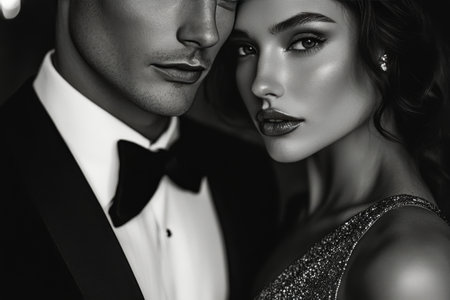 A stylish couple dressed in formal attire enjoys champagne at a luxurious gathering, surrounded by soft, warm lights that create an enchanting atmosphere.の素材