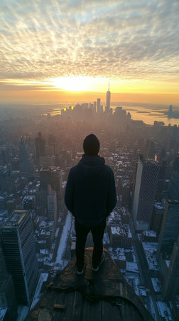 A person stands on a rooftop edge, gazing at the breathtaking sunrise over the New York City skyline. The clouds are colorful, and the city below is bathed in soft light.の素材