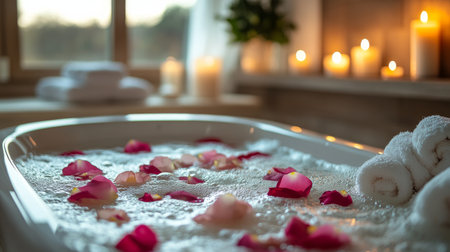 Soft candlelight illuminates a tranquil bathroom with a bubble bath filled with rose petals. A calming atmosphere perfect for relaxation and self-care.の素材